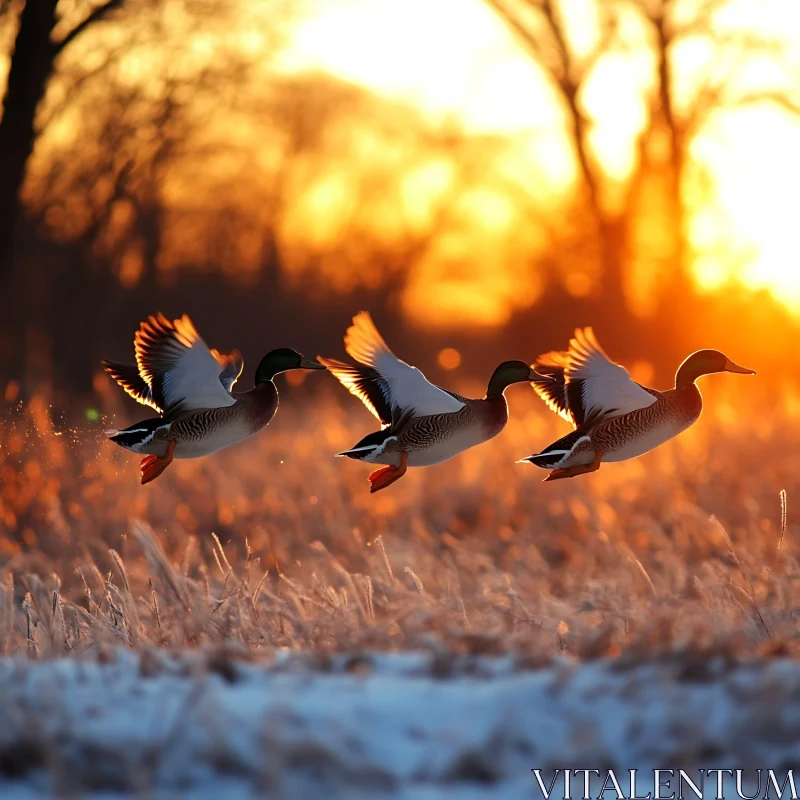 Golden Hour Flight of Ducks AI Image