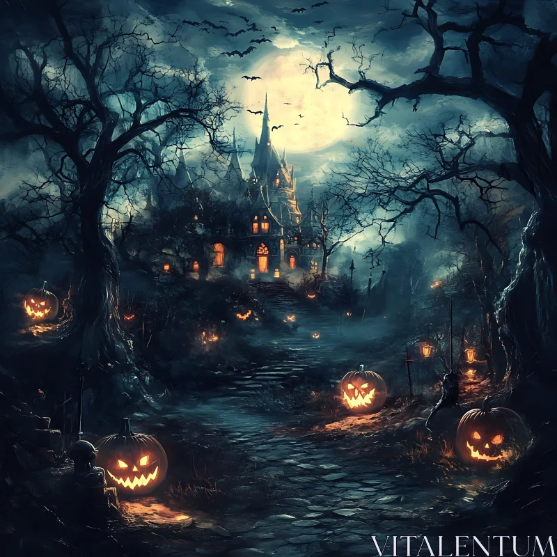 AI ART Spooky Pumpkins and Castle on Halloween Night