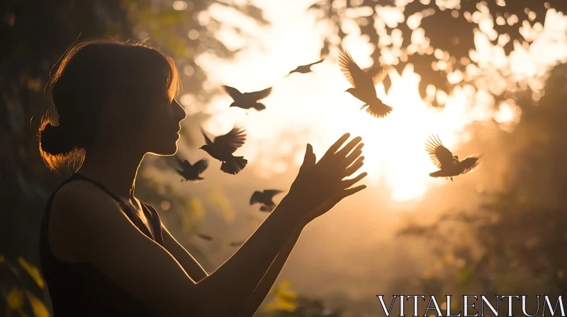 Silhouette of Woman and Birds AI Image