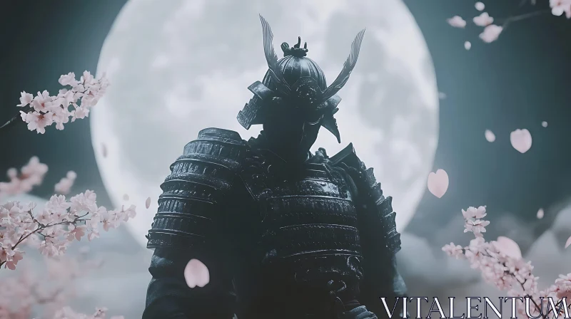 Moonlit Samurai with Cherry Blossoms AI Image