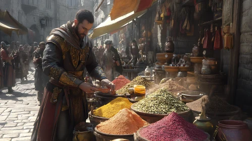 Spice Merchant in a Bustling Medieval Market