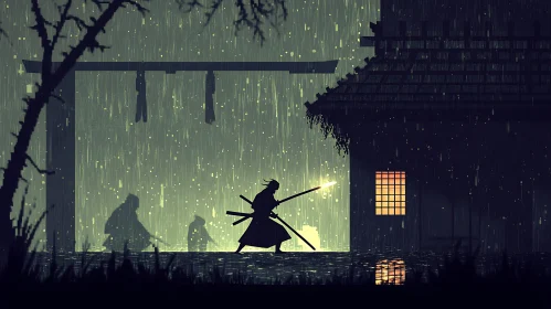 Warrior in Rainy Night Illustration