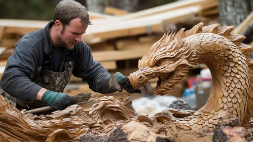 Intricate Wood Dragon Carving in Progress