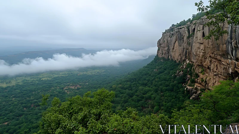 Lush Forest and Towering Cliff AI Image