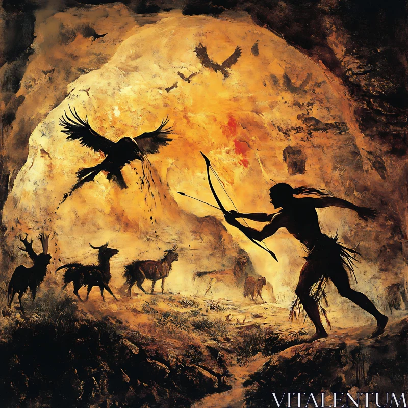 AI ART Prehistoric Hunter and Animals Silhouette Art