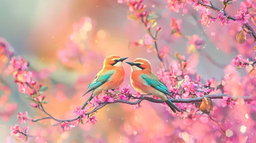Birds Among Pink Flowers Artwork