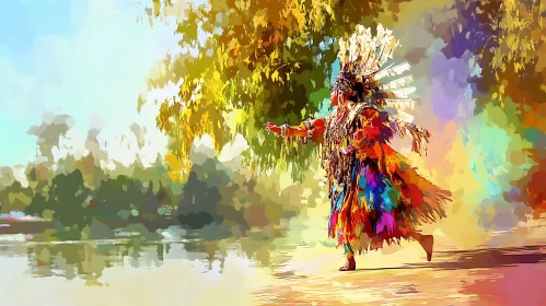 Colorful Native American Figure by the Lake