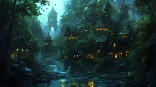 Luminous Village in Misty Woods