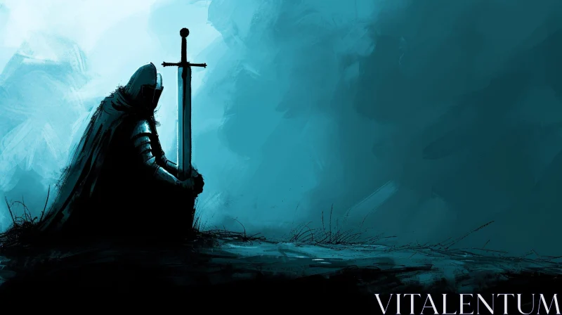 Knight Kneeling on Battlefield - Dark Blue-Toned Painting AI Image