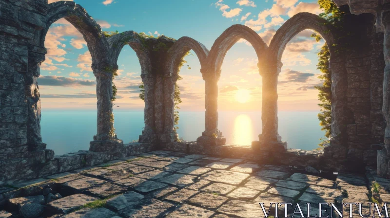 Majestic Ruined Castle on Cliff: Captivating Ocean View AI Image