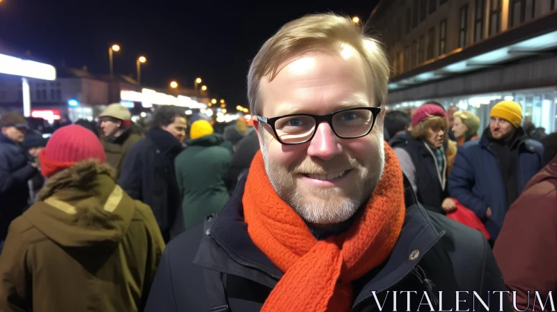 Man with Glasses and Orange Scarf in a Nighttime Crowd - Dark and Moody Style AI Image