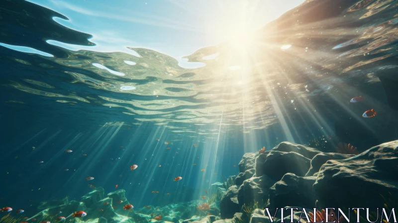 Tranquil Sea Waters with Sun Beams, Fish, and Corals - Unreal Engine Artwork AI Image