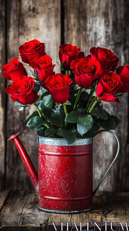 Charming Red Roses in a Rustic Watering Can AI Image