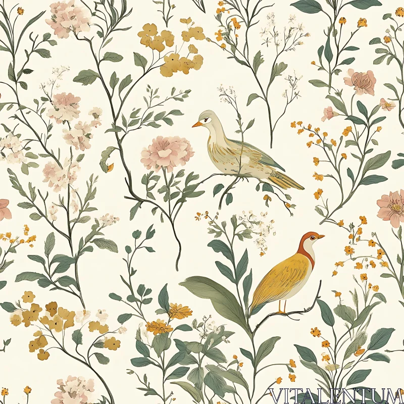 Intricate Birds Among Blooming Flowers AI Image