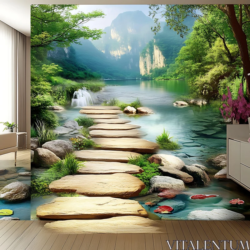 Tranquil Stepping Stone Path in a Lush Green Landscape AI Image