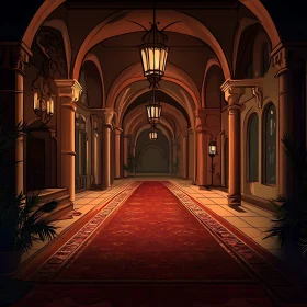 Stylish Corridor with Red Carpet and Ornate Lanterns