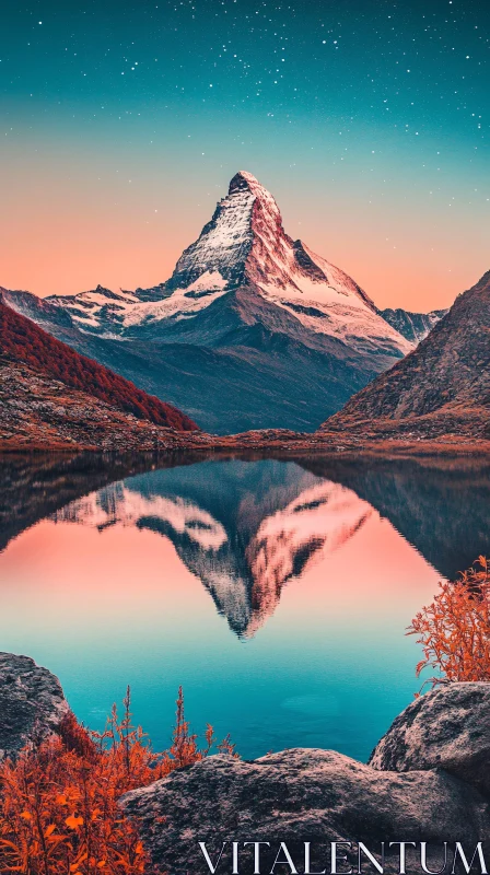 Mountain Peak Mirrored in Tranquil Lake AI Image