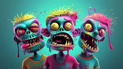 3D Rendered Cartoon Zombies with Colorful Attire AI Image