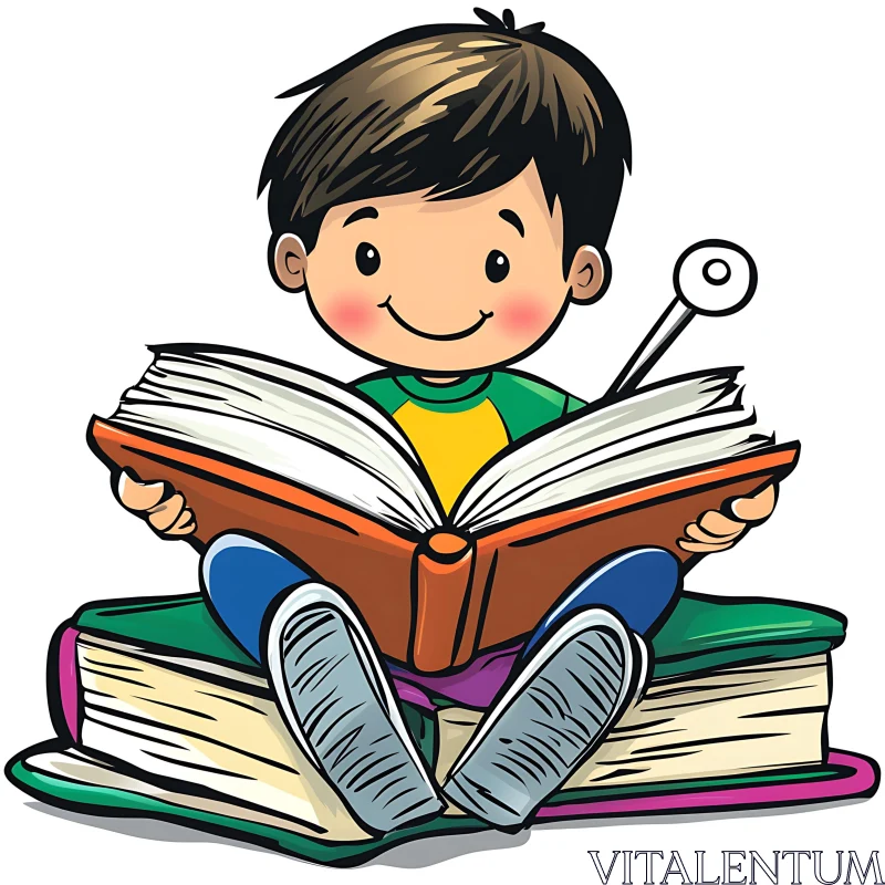 AI ART Cartoon Boy Enjoying Reading Book