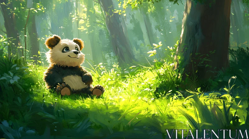 Serene Panda in Sunlit Woodland AI Image