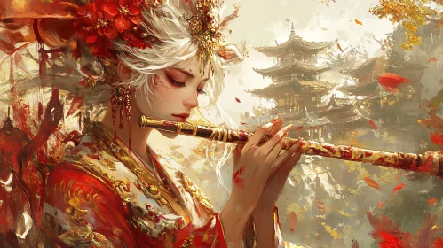 Woman with Flute and Red Flowers