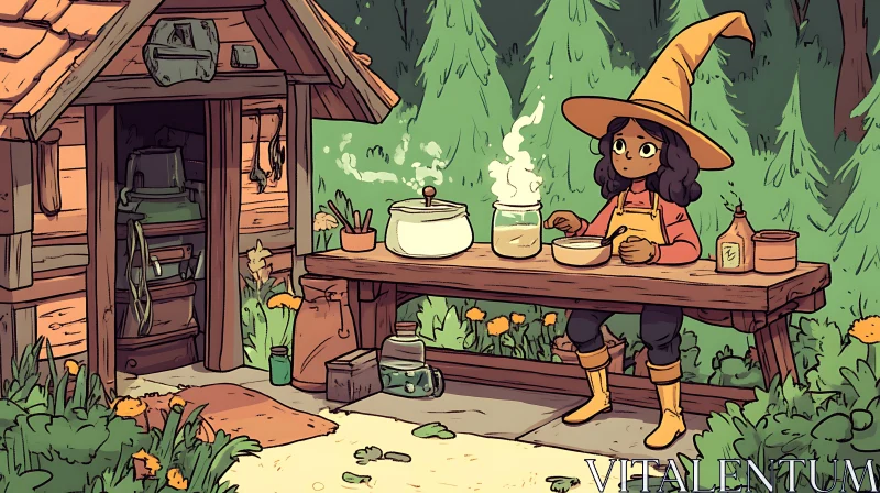 AI ART Cartoon Witch Brewing Potions in Forest