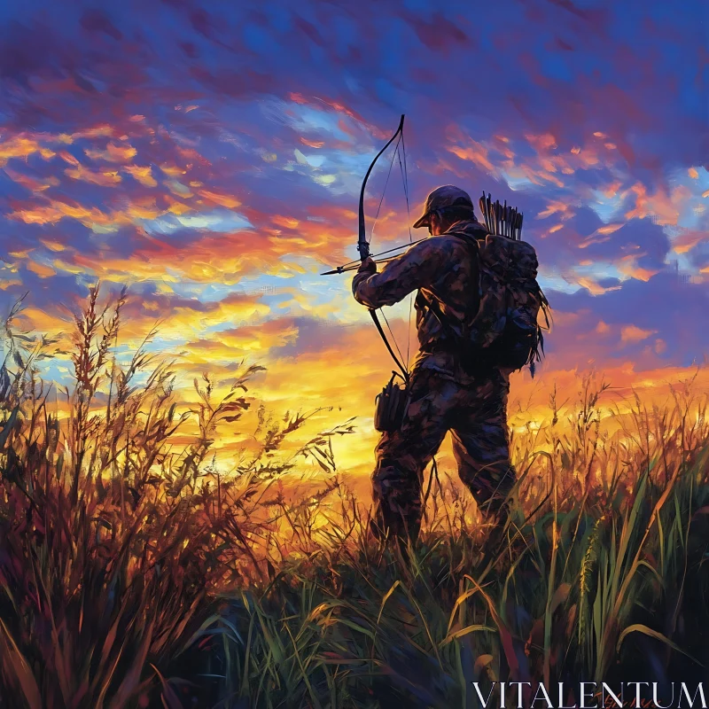 AI ART Silhouette of Hunter with Bow at Dusk