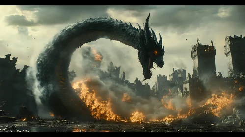 Serpentine Dragon Over Burning City