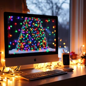 Festive Computer Screen with Christmas Tree Lights