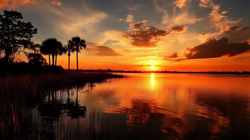 Golden Sunset Reflection on Calm Lake