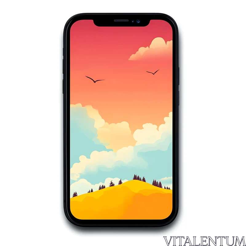 Smartphone with Serene Sunset and Rolling Hills Wallpaper AI Image