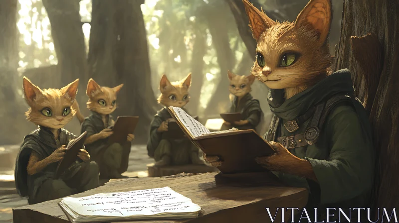 AI ART Anthropomorphic Cats Reading in Woodland