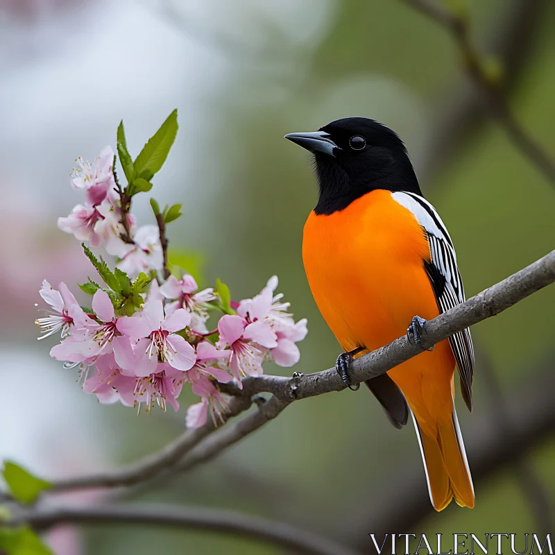 Oriole Bird with Pink Flowers AI Image