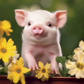 Charming Young Piglet and Yellow Blossoms