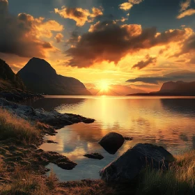 Tranquil Lake Sunset with Mountain View