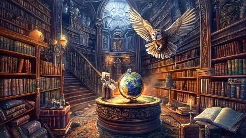 Owl in Library With Globe