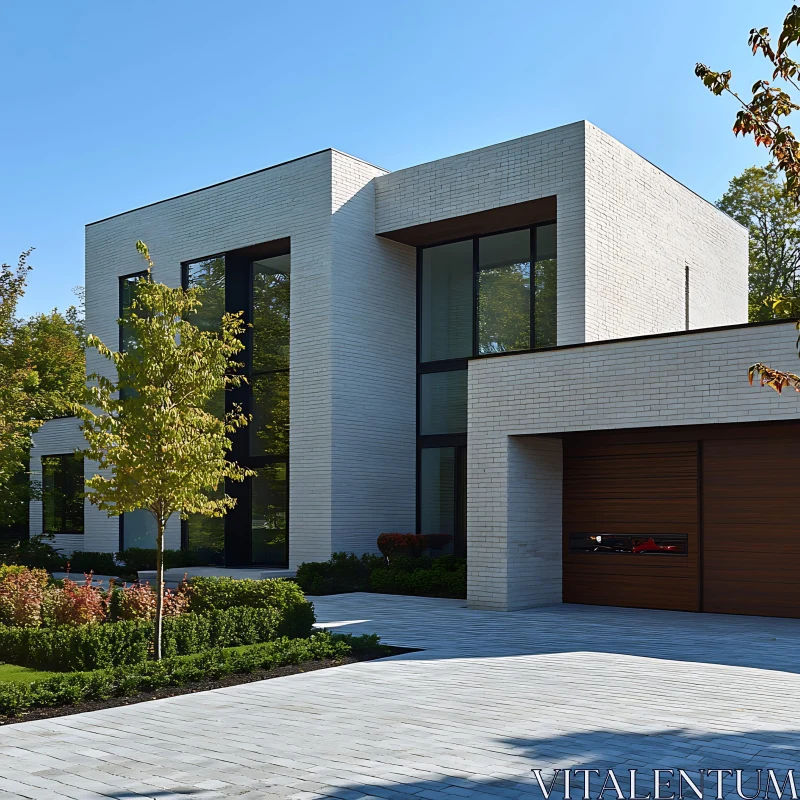 Contemporary Home with Large Windows and Wooden Garage Door AI Image