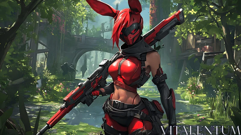 Red Armored Warrior in Green Forest AI Image