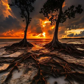 Ocean Sunset with Trees and Roots