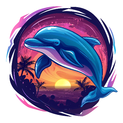 POD Design Blue Cartoon Dolphin Jumping at Sunset - Art Illustration