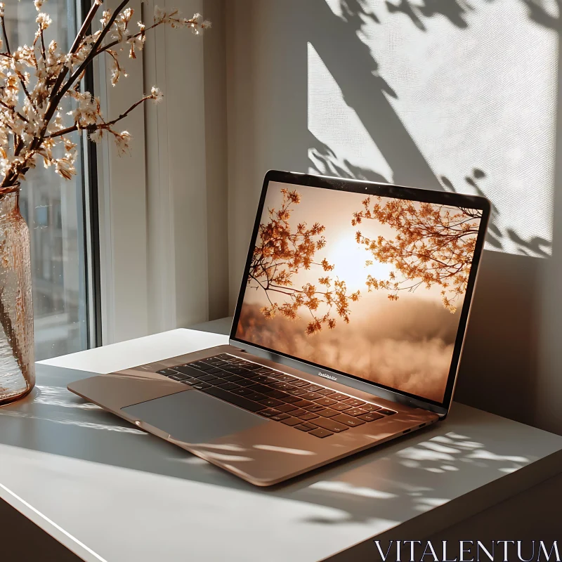 Sunlit Blossoms on Laptop Screen in Modern Workspace AI Image