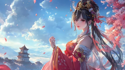 Anime Woman with Cherry Blossoms and Pagoda