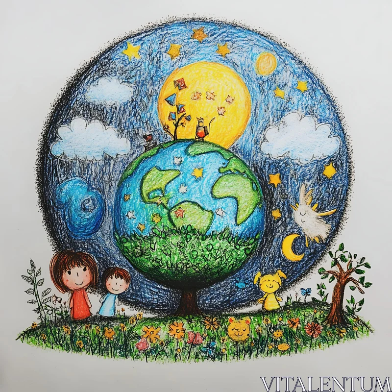 Whimsical Earth Drawing with Kids AI Image