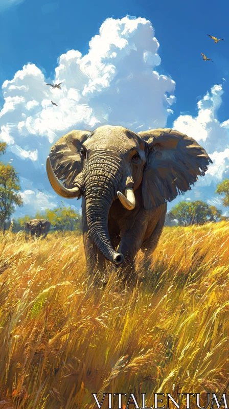 AI ART Wild Elephant Amidst Golden Grasses