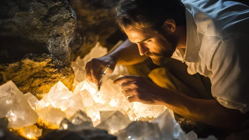 Man examining crystals in a cave