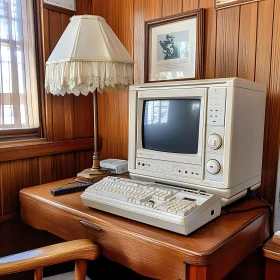 Retro Computer and Lamp on Wooden Desk