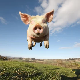 Whimsical Pig Floating Above Farm Landscape