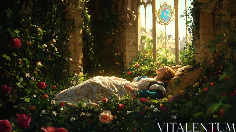 Sleeping Beauty in Floral Sanctuary AI Image