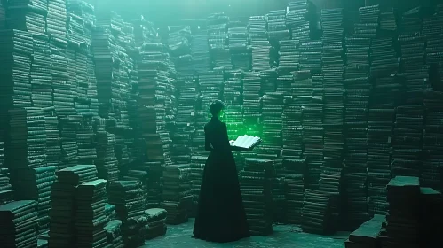 Woman Reading Magic Book in Library