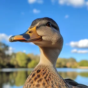 Detailed Duck Plumage with Lake View